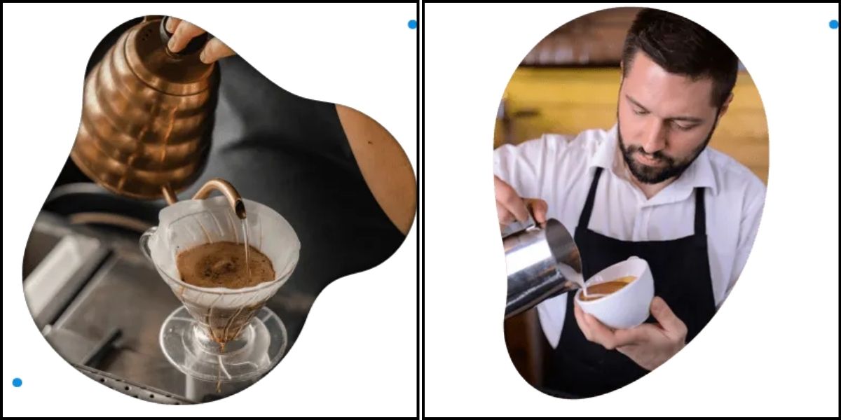 a man brewing coffee and another pouring it, illustrating the process of making hot chocolate.