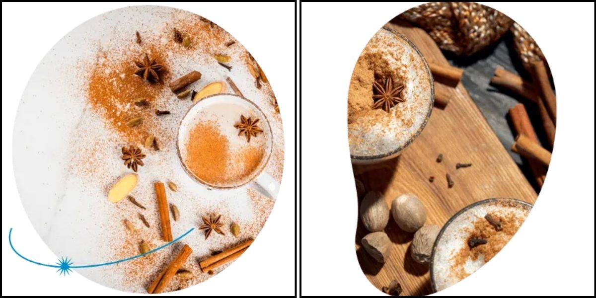 Two images of a plate featuring food items and spices, highlighting nutritional aspects of hot chocolate liquids.