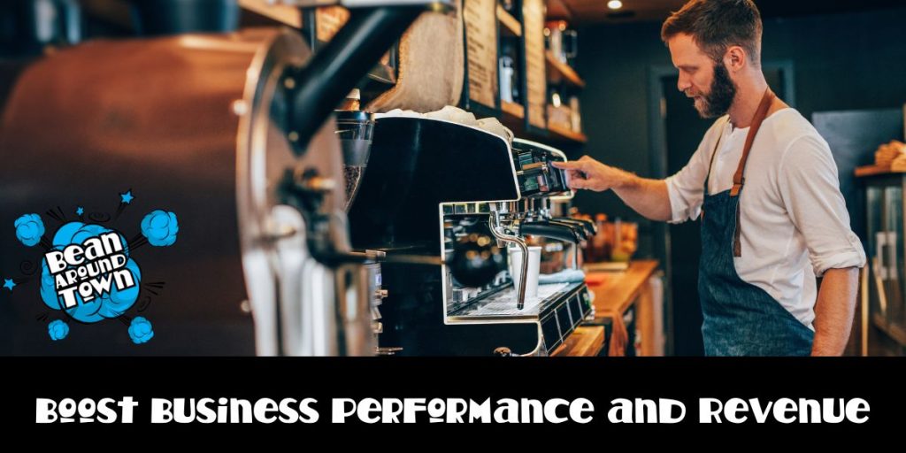 Image illustrating business performance and revenue growth through skilled barista training and efficient service in a café setting.