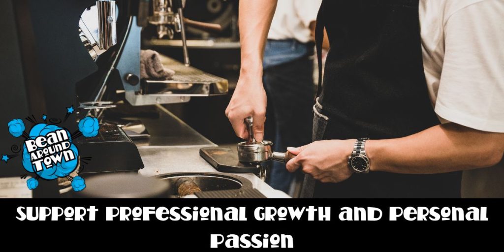 Image promoting barista training, highlighting professional growth, personal passion, and coffee's history and sustainability.