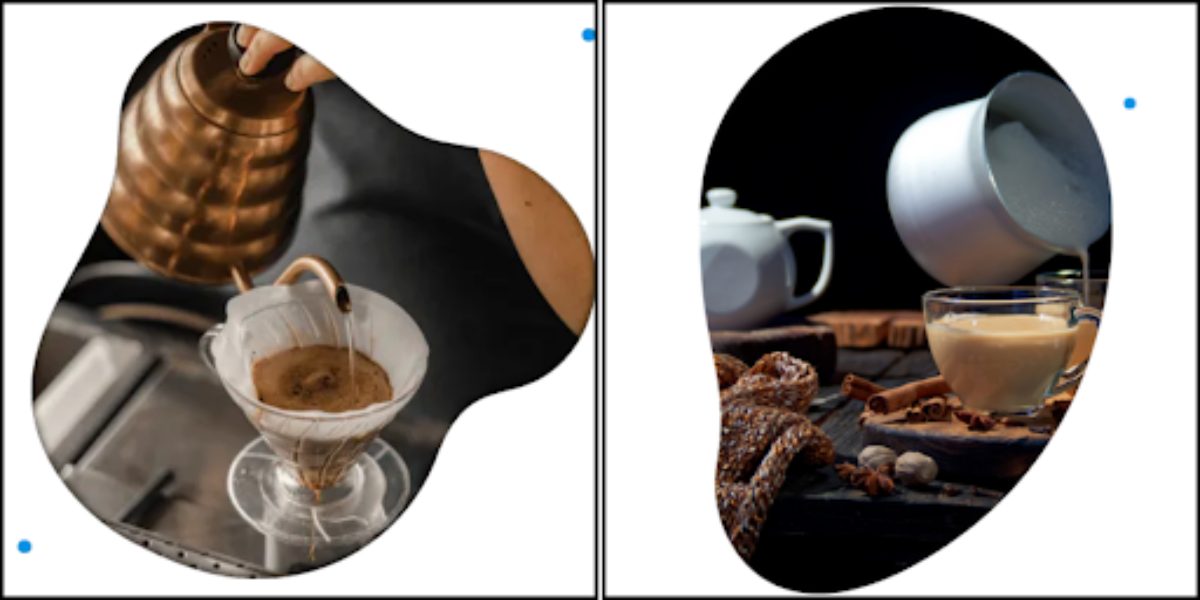 Two images showing coffee being poured into cups, illustrating the process of preparing a chai latte.