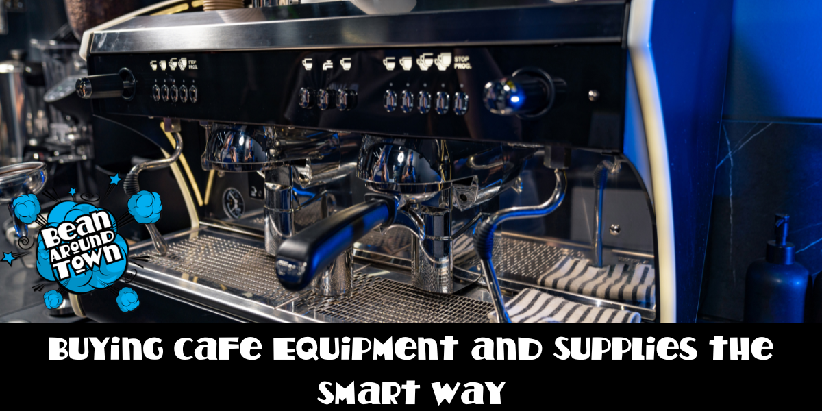 Image of a coffee shop owner reviewing equipment options, emphasizing smart purchasing strategies for cafe supplies.