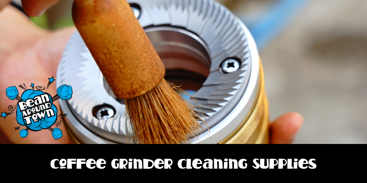 Coffee grinder cleaning supplies including brushes and cleaning tablets for maintaining grinder performance and flavor quality.