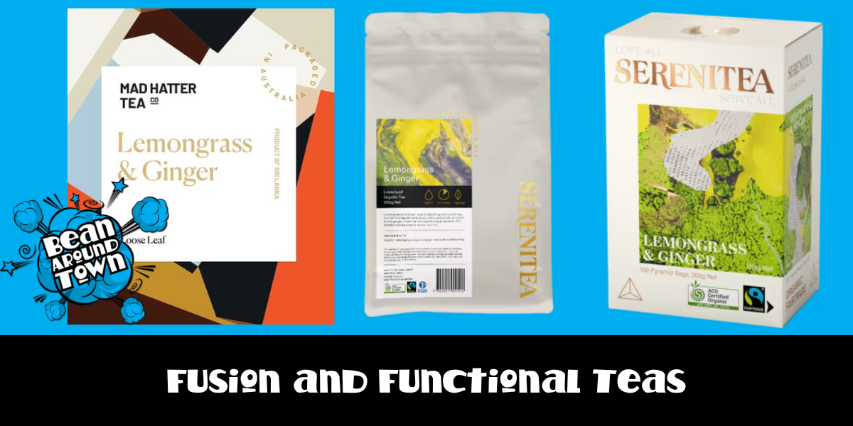 Functional teas featuring lemongrass, ginger, and turmeric, promoting health benefits like digestion and immune support.