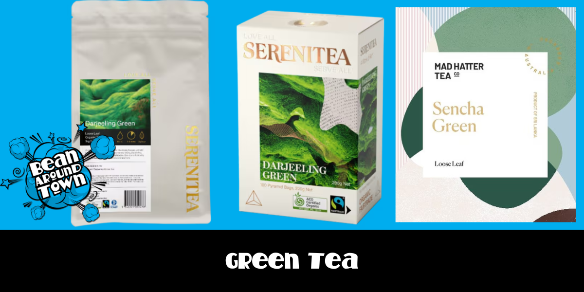 Green tea bag and box labeled "green tea," highlighting its health benefits and refreshing flavor.