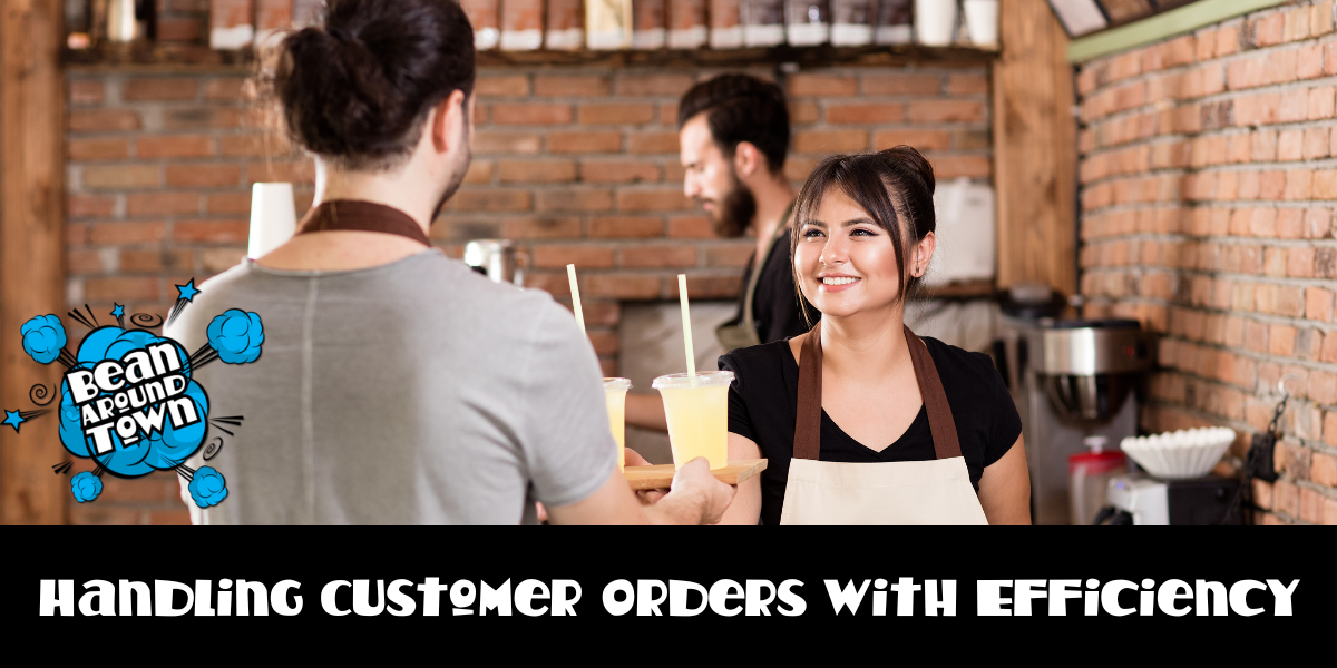 Efficiently processing customer orders with synchronized systems and organized stations for speed and accuracy in a coffee shop.