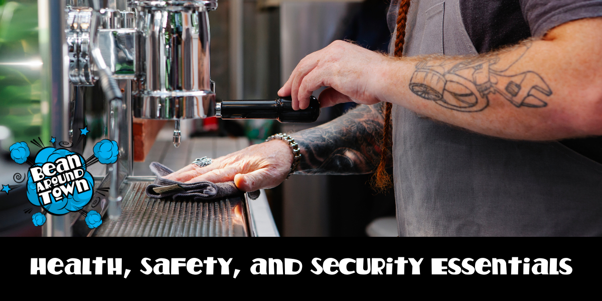 A tattooed man prepares drinks at a bar, emphasizing hygiene and safety in a cafe environment.