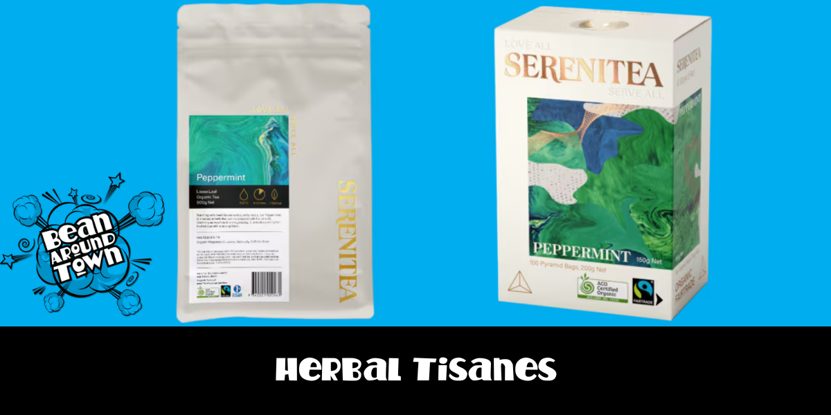 Herbal tea blend labeled 'Serenita', featuring chamomile for relaxation, ideal for caffeine-free evening enjoyment.