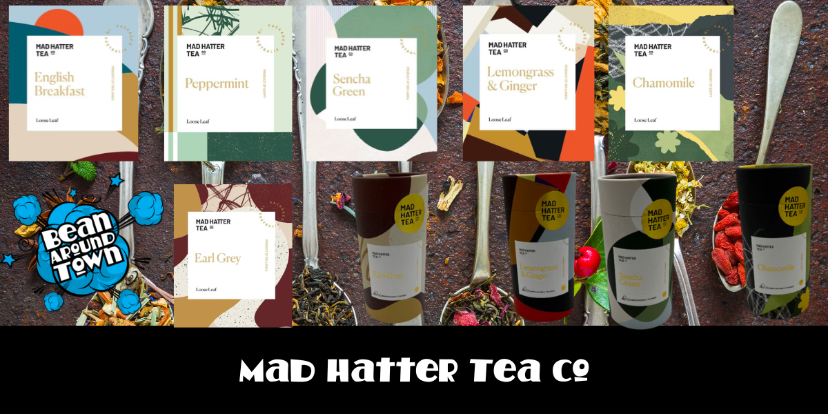 Mad Hatter Tea Co. logo featuring vibrant tea blends, emphasizing quality and creativity in loose-leaf teas for cafes.