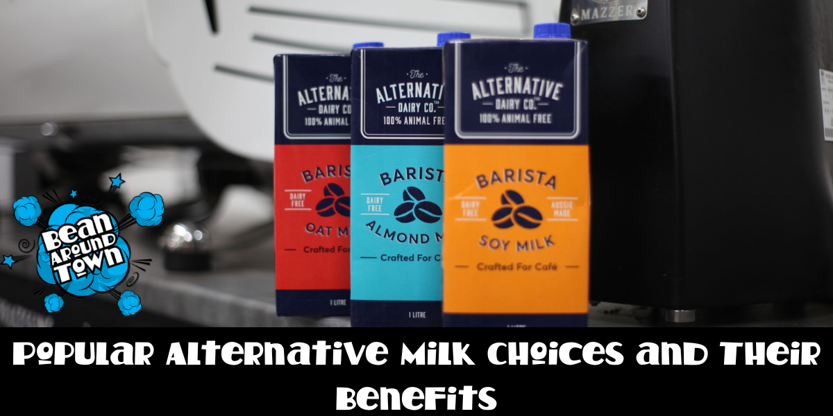Popular alternative milk options with benefits: soy, almond, oat, and coconut, each offering unique taste and nutrition.