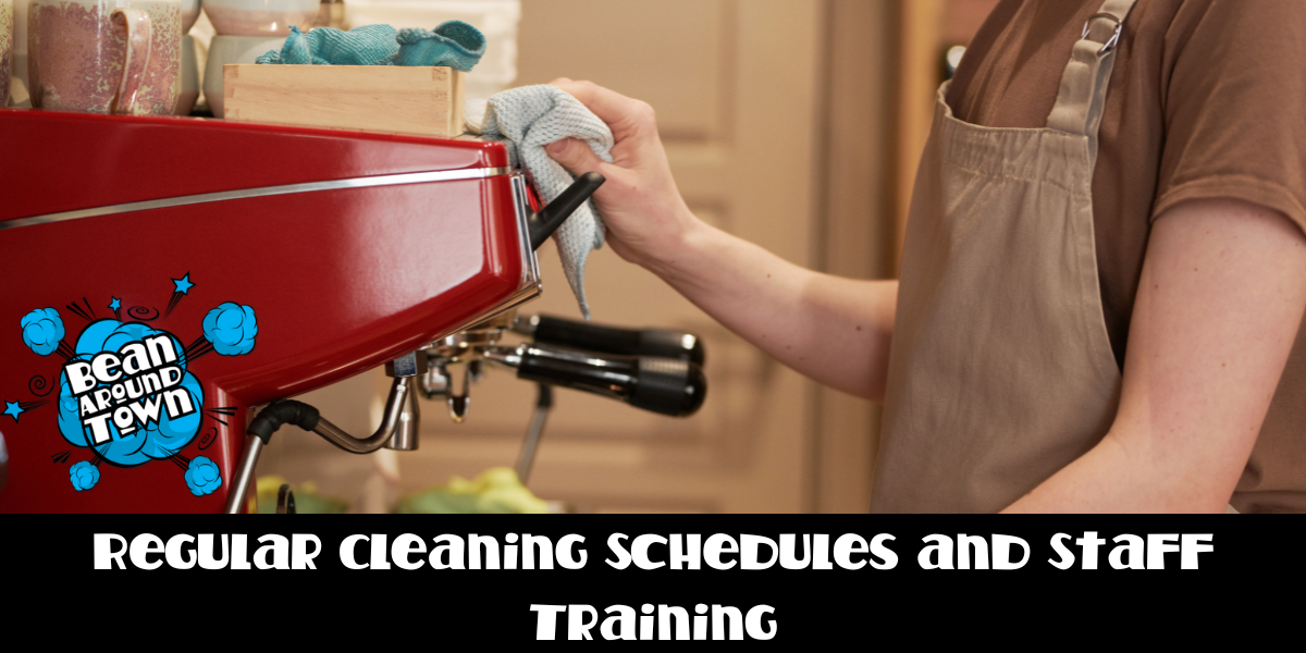 A person holds a coffee machine, emphasizing the importance of cleaning schedules and staff training for maintenance.