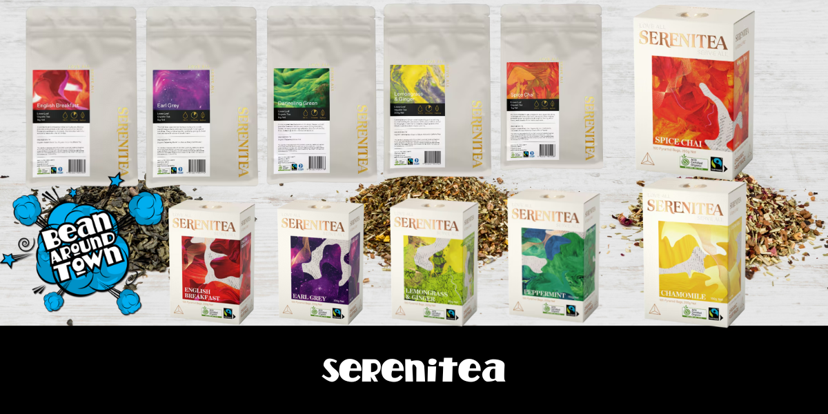 Serenitea logo with various loose leaf tea blends, highlighting wellness-focused, artisanal, and flavorful tea options.