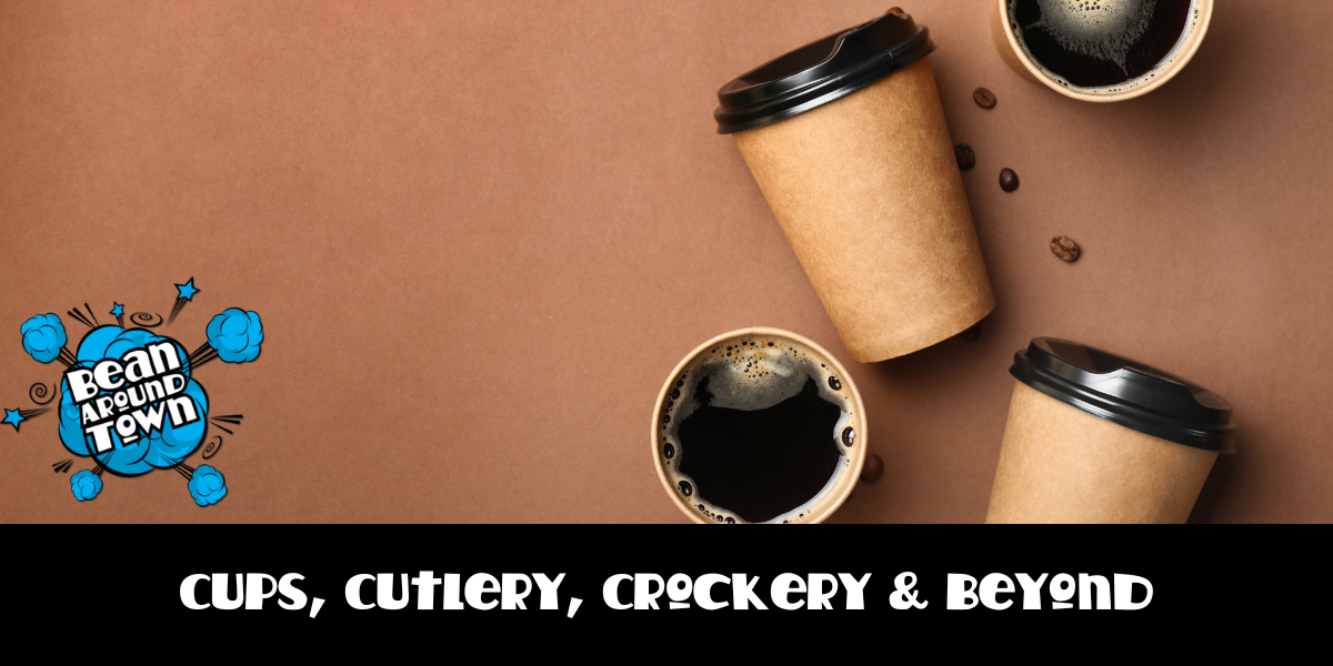 Cups, cutlery, and crumbs arranged on a table, showcasing essential serveware for dining and takeaway services.