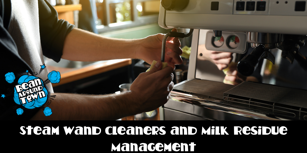 Steam wand cleaners and color-coded microfiber cloths for effective milk residue management in cafes, ensuring hygiene and efficiency.