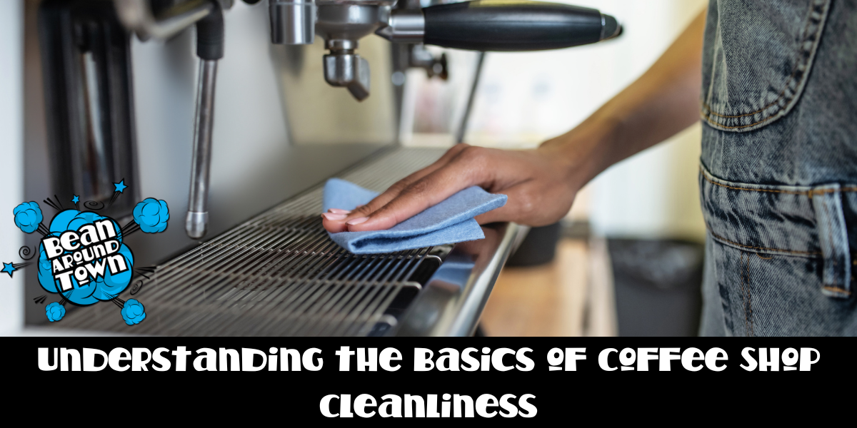 Image of a clean coffee shop workspace, highlighting hygiene practices and essential cleaning supplies for maintaining standards.